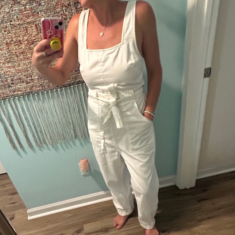 American Eagle Outfitters White Belted Jumpsuit